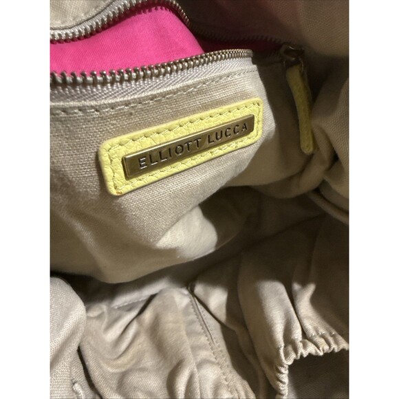 Elliott Lucca Leather Purse Yellow Hand Painted w/ Wood Gold Accents Soft EUC - Picture 13 of 16